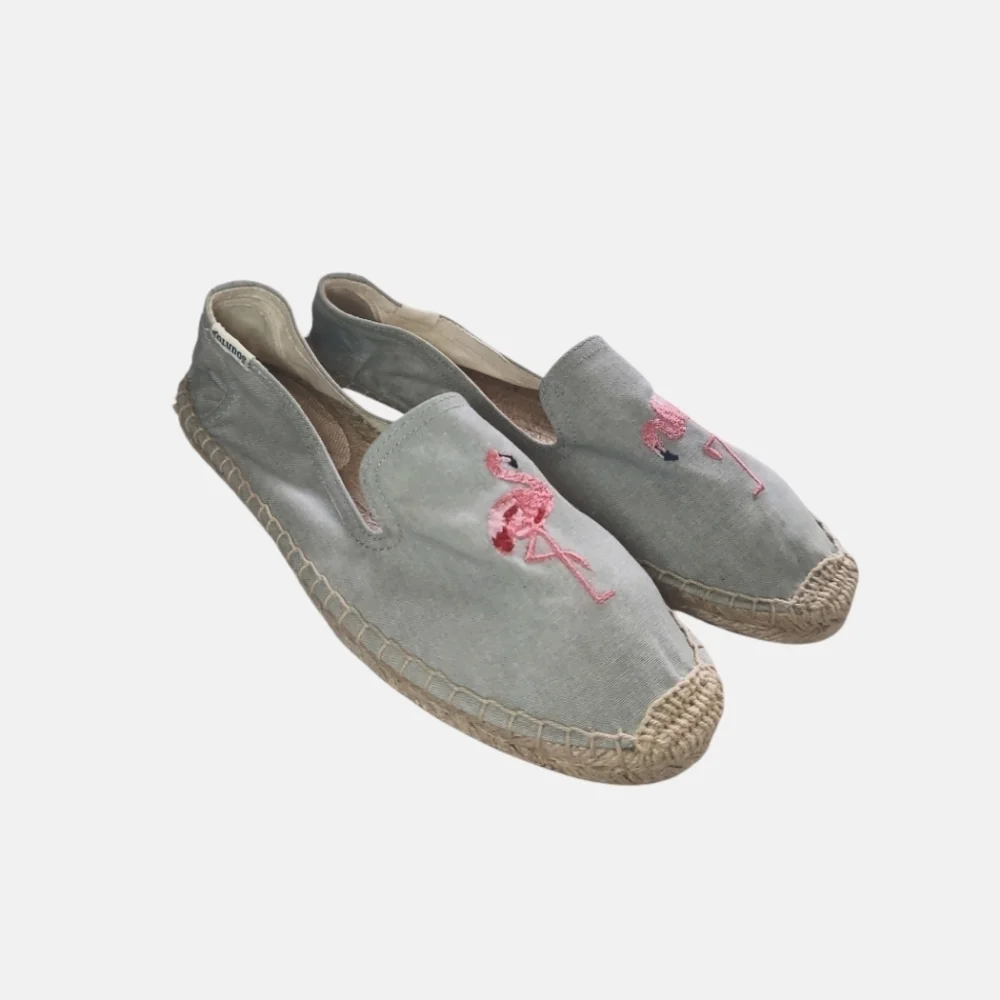 Soludos Gray Espadrilles with Pink Flamingo Embroidery